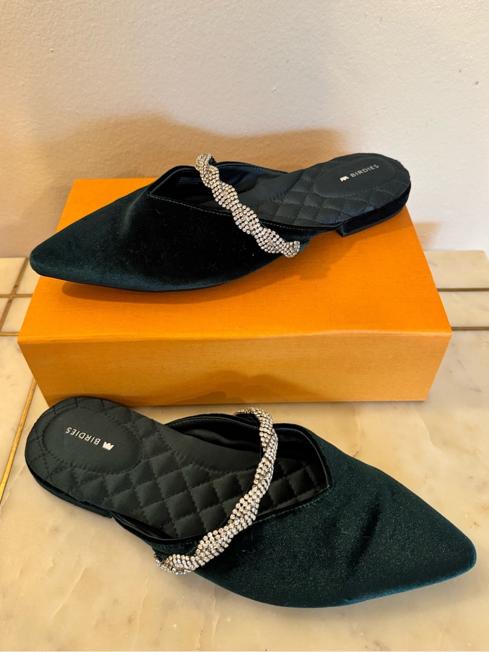 Birdies Emerald Green Velvet Pointed Mules with Crystal Braided Strap